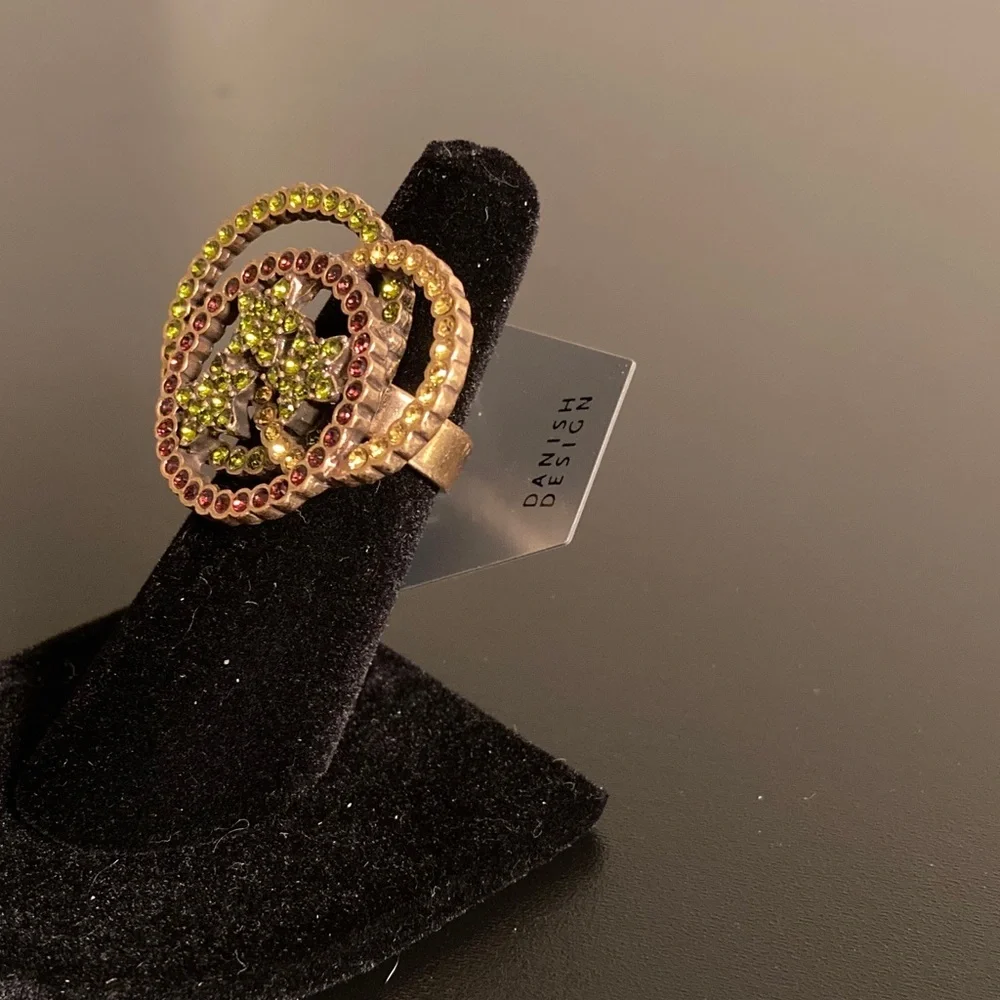 Pilgrim Gold Ring with Green and Pink Crystals adjustable